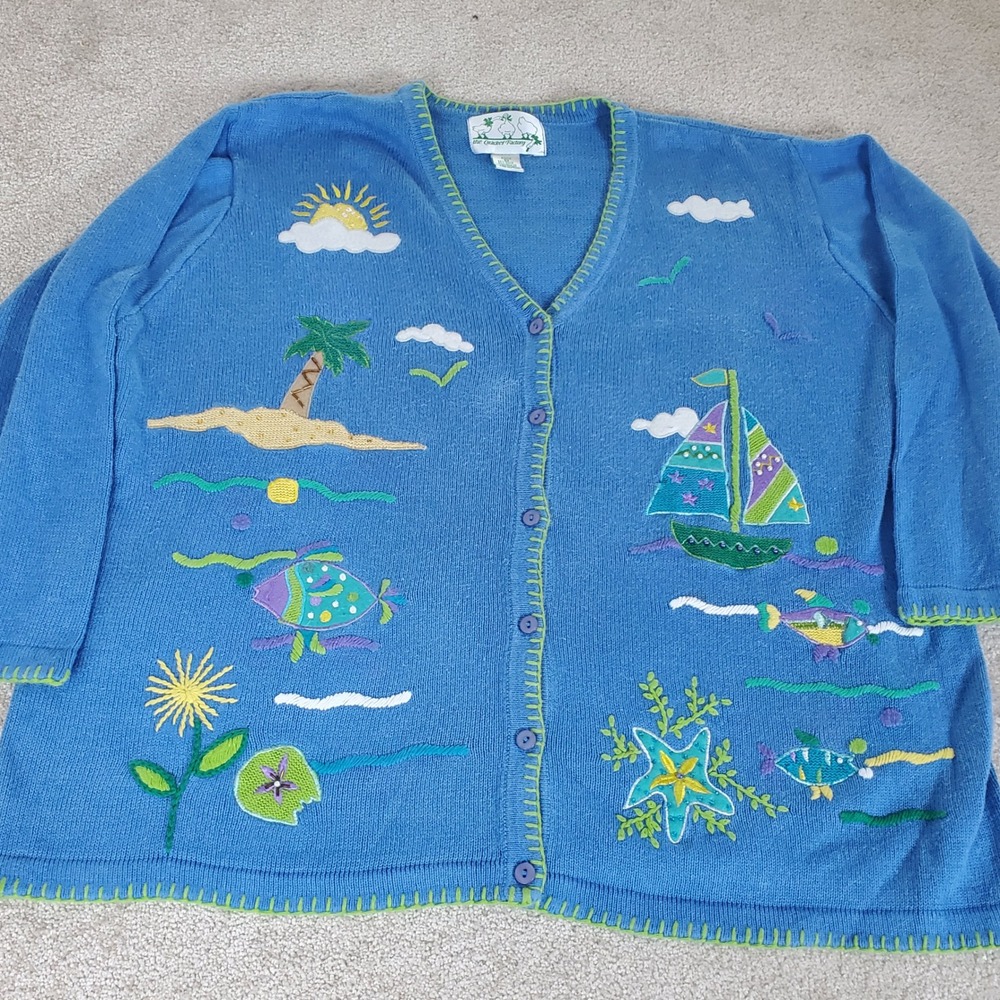 Quacker Factory Cardigan Womens 2X Blue Tropical Nautical Embroidered A100118